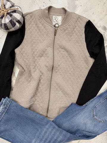 Ampersand Ave Quilted Bomber Taupe & Black