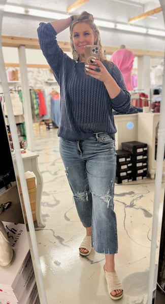 Loose Fit Long Sleeve Knit Sweater in Denim