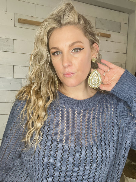 Loose Fit Long Sleeve Knit Sweater in Denim