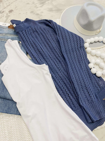 Loose Fit Long Sleeve Knit Sweater in Denim