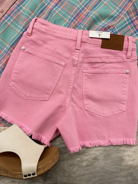 Judy Blue Lt. Pink MR Garment Dyed Fray Hem Shorts