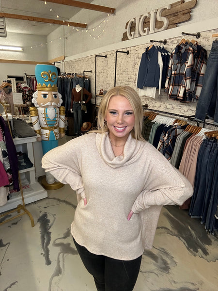 Cowl Neck Rib Cashmere Hacci in Beige