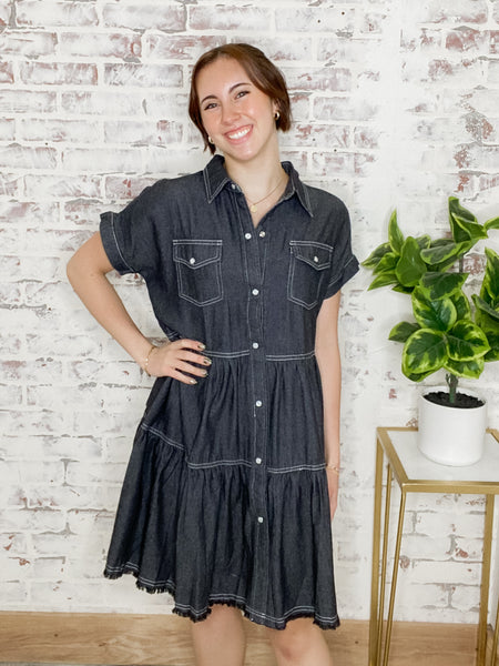 Tiered Denim Babydoll in Charcoal