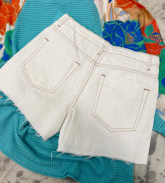 White Birch Off White Distressed Denim Shorts