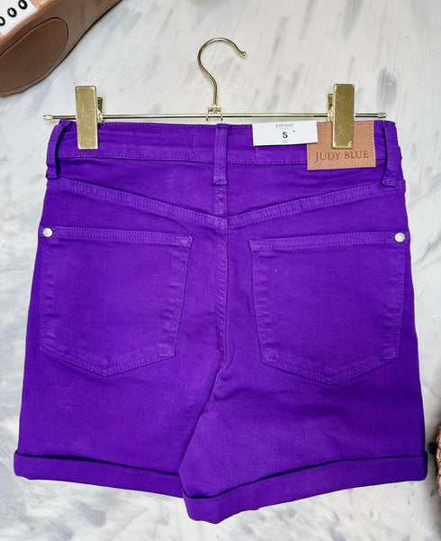 Judy Blue HW Tummy Control Garment Dyed Purple Shorts