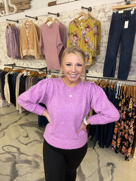 Melange Puff Sleeve Round Neck Sweater