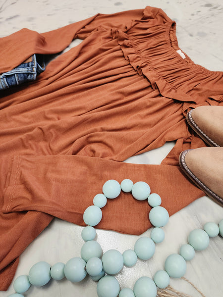 Elaina Ruffle Top in Cognac