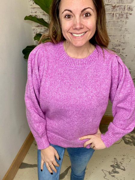 Melange Puff Sleeve Round Neck Sweater