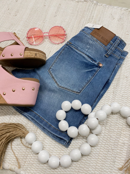 Judy Blue HW Tummy Control Cool Denim Double Waistband Shorts