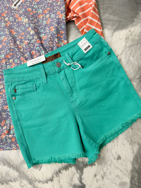 Judy Blue Aquamarine MR garment dyed fray hem shorts