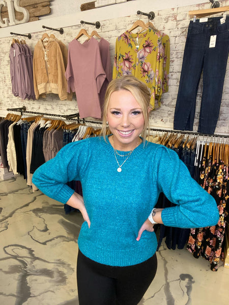 Melange Puff Sleeve Round Neck Sweater