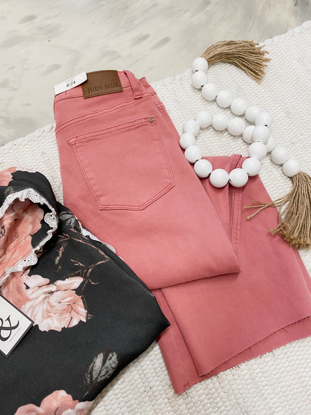 Judy Blue HW Garment Dyed Rose Raw Hem Crop Wide