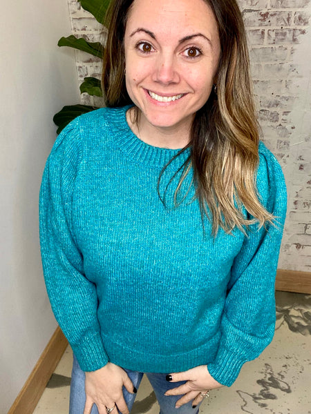 Melange Puff Sleeve Round Neck Sweater