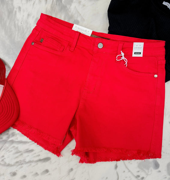 Judy Blue Red Fray Hem Shorts