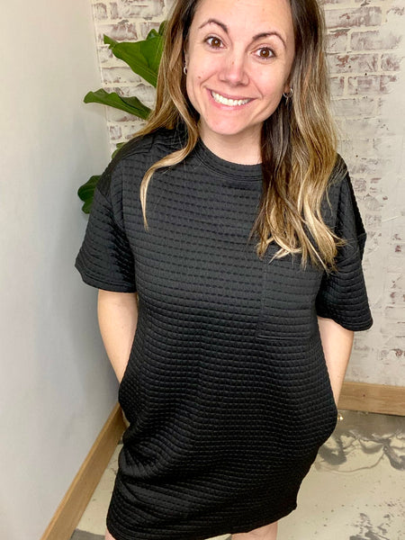 Black Out Friday Quilted Shift Dress in Black