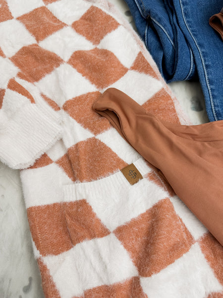 Fuzzy Checkered Cardi in Tan