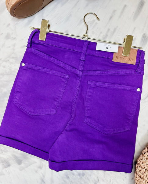 Judy Blue HW Tummy Control Garment Dyed Purple Shorts