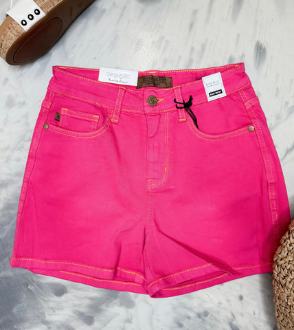 Judy Blue HW Garment Dye Embroidery Shorts Magenta
