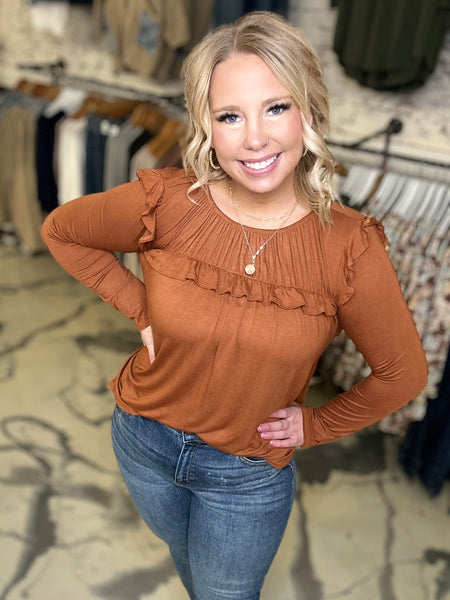 Elaina Ruffle Top in Cognac