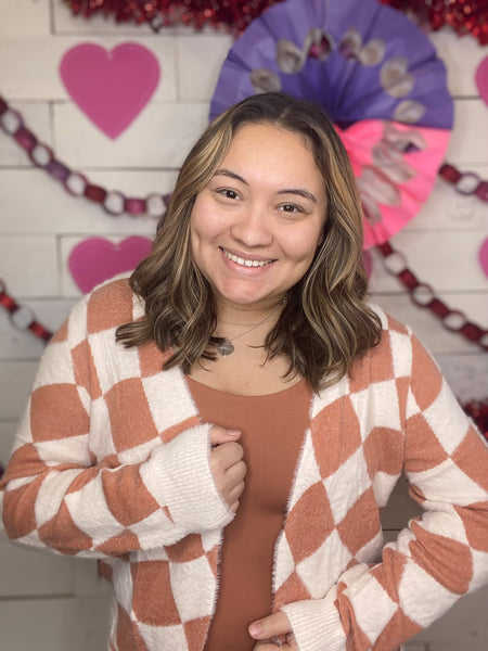 Fuzzy Checkered Cardi in Tan