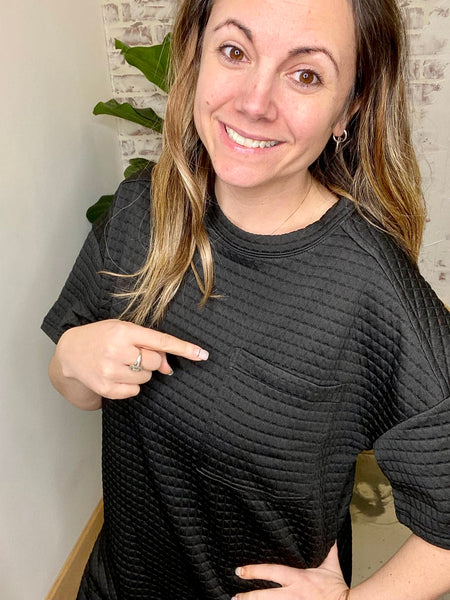 Black Out Friday Quilted Shift Dress in Black