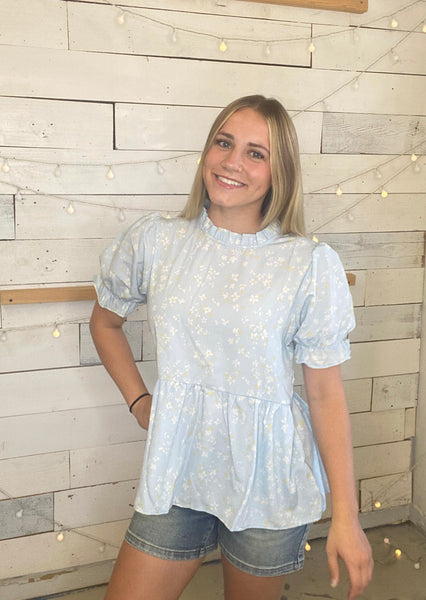 Mint Puff Sleeves Floral Flare Blouse