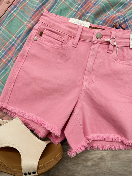 Judy Blue Lt. Pink MR Garment Dyed Fray Hem Shorts