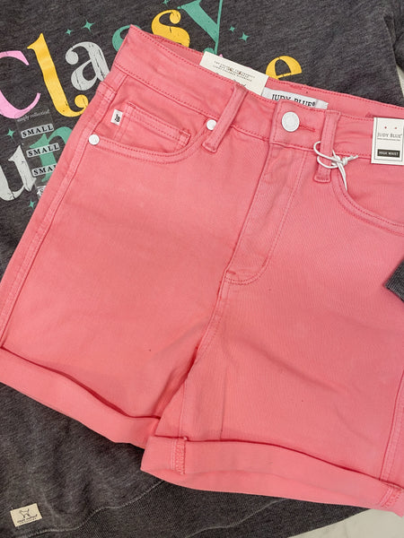 Judy Blue HW Tummy Control Garment Dyed Pink Shorts