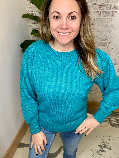 Melange Puff Sleeve Round Neck Sweater
