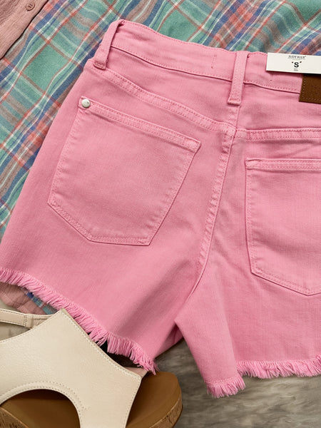 Judy Blue Lt. Pink MR Garment Dyed Fray Hem Shorts
