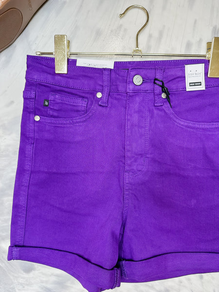 Judy Blue HW Tummy Control Garment Dyed Purple Shorts