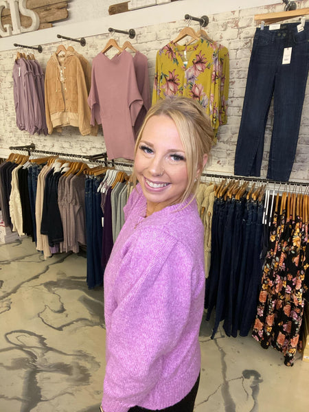 Melange Puff Sleeve Round Neck Sweater