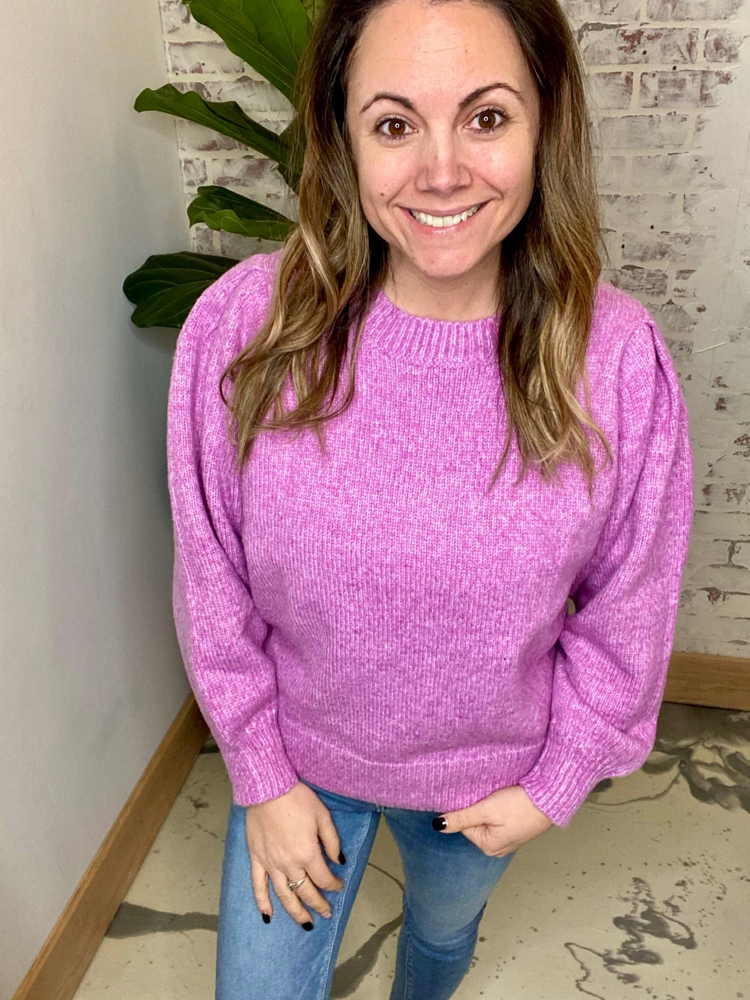 Melange Puff Sleeve Round Neck Sweater