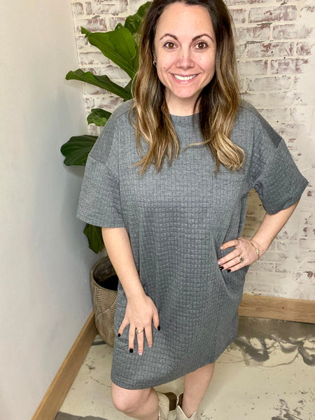 Black Out Friday Quilted Shift Dress in Charcoal