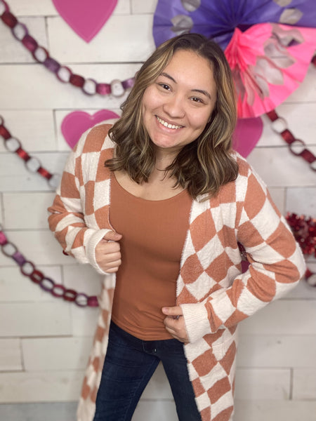 Fuzzy Checkered Cardi in Tan