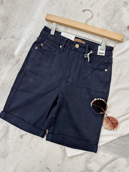 Judy Blue Navy HW Garment Dyed Tummy Control Bermuda Shorts