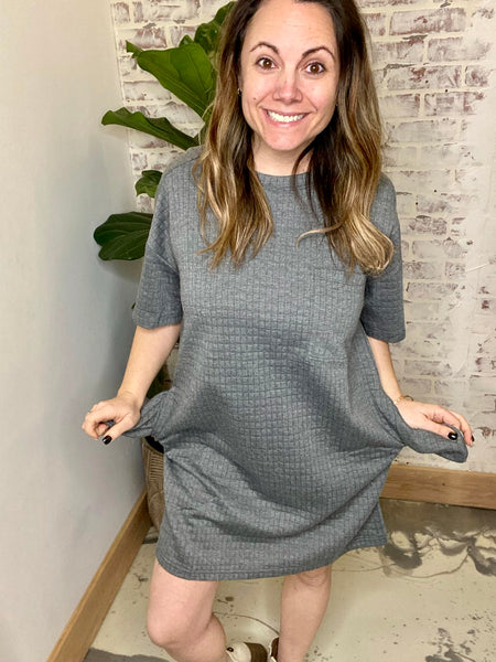 Black Out Friday Quilted Shift Dress in Charcoal