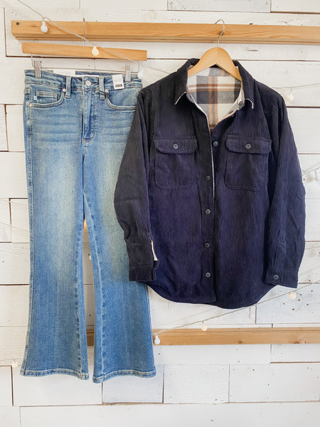 Reversible Corduroy Flannel Plaid Shacket in Black
