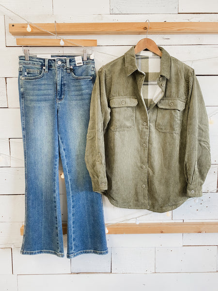 Reversible Corduroy Flannel Plaid Shacket in Olive