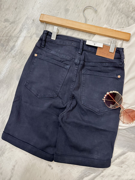 Judy Blue Navy HW Garment Dyed Tummy Control Bermuda Shorts