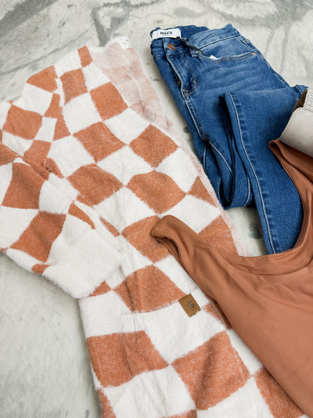 Fuzzy Checkered Cardi in Tan