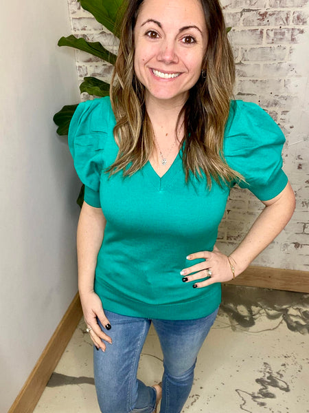 V Neck Batton Bubble Top in Aqua