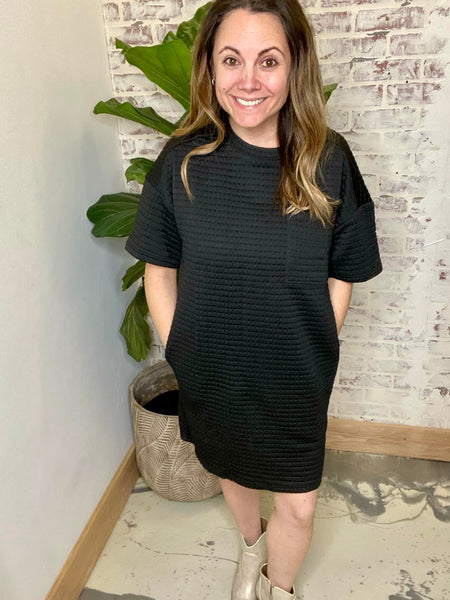 Black Out Friday Quilted Shift Dress in Black