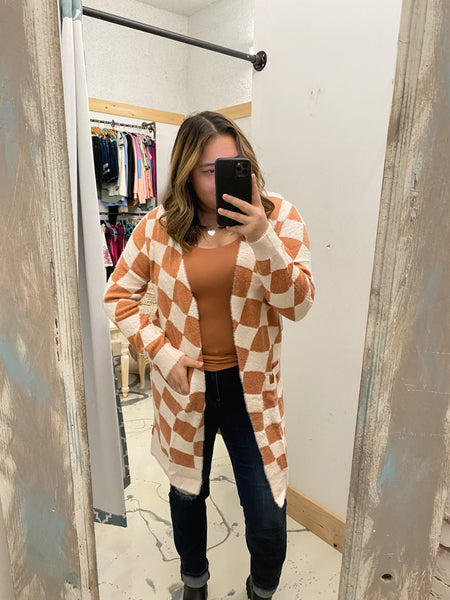 Fuzzy Checkered Cardi in Tan