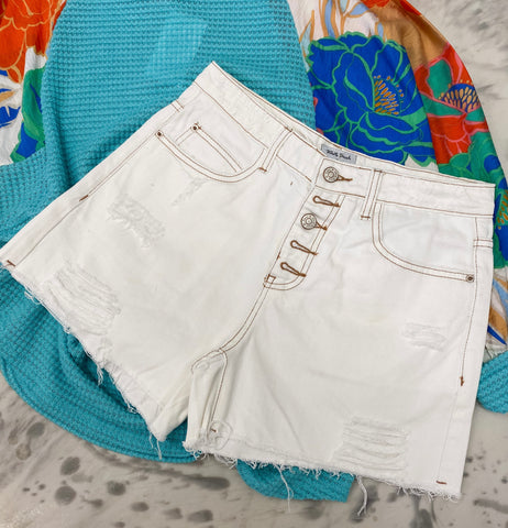 White Birch Off White Distressed Denim Shorts