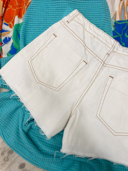 White Birch Off White Distressed Denim Shorts