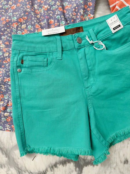 Judy Blue Aquamarine MR garment dyed fray hem shorts