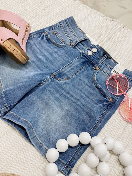 Judy Blue HW Tummy Control Cool Denim Double Waistband Shorts