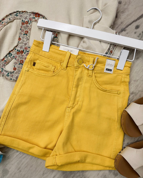 Judy Blue HW Tummy Control Garment Dyed Yellow Shorts