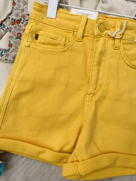 Judy Blue HW Tummy Control Garment Dyed Yellow Shorts